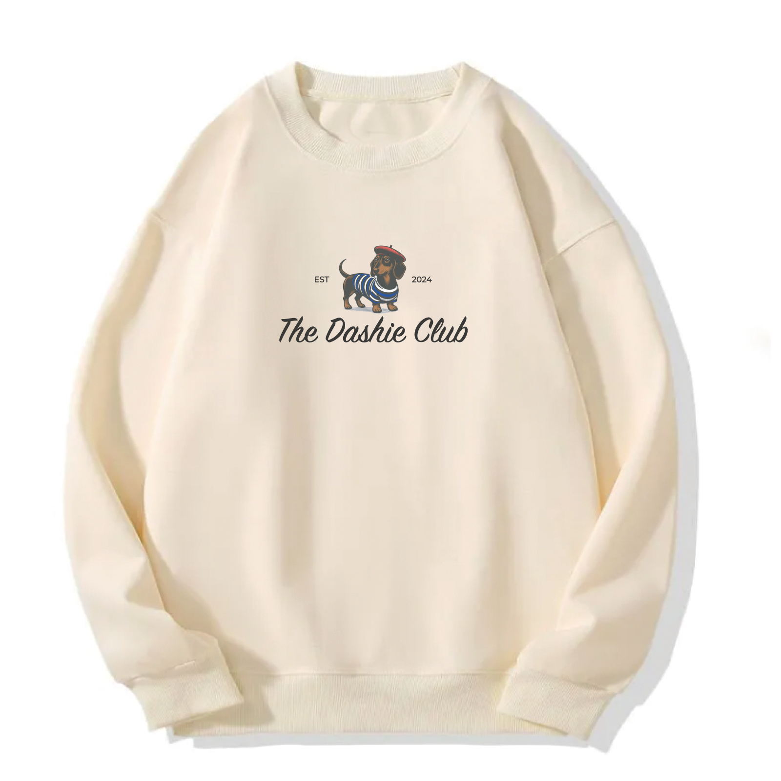 Saco crewneck unisex color beige con estampado de perro salchicha