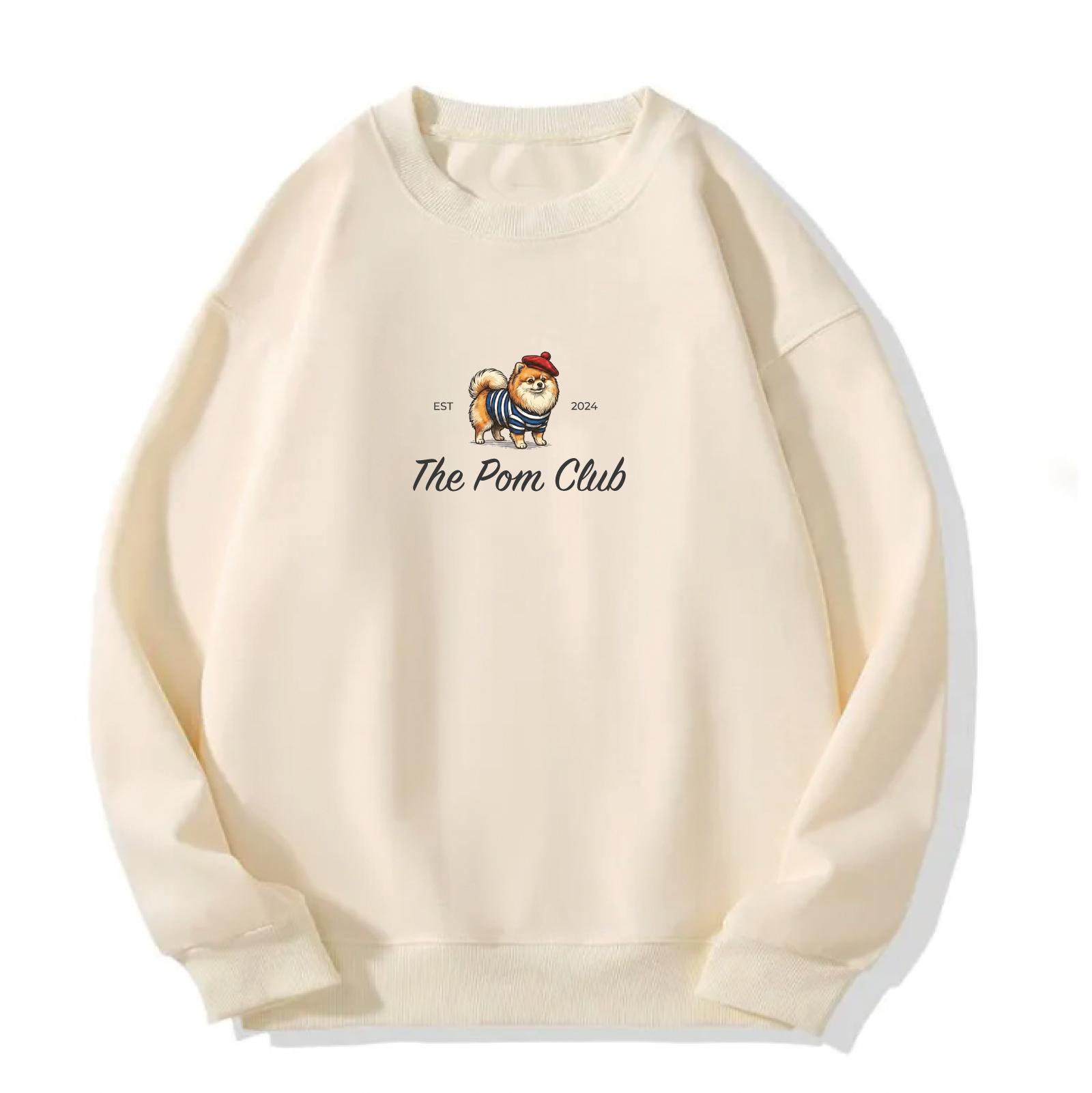 Saco crewneck unisex The Pom Club color beige con estampado de Pomerania