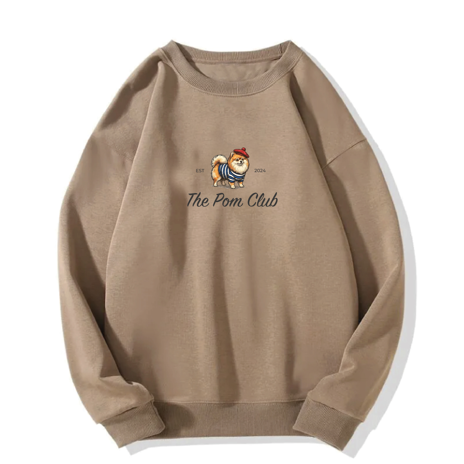 Saco crewneck unisex The Pom Club color café con estampado de Pomerania
