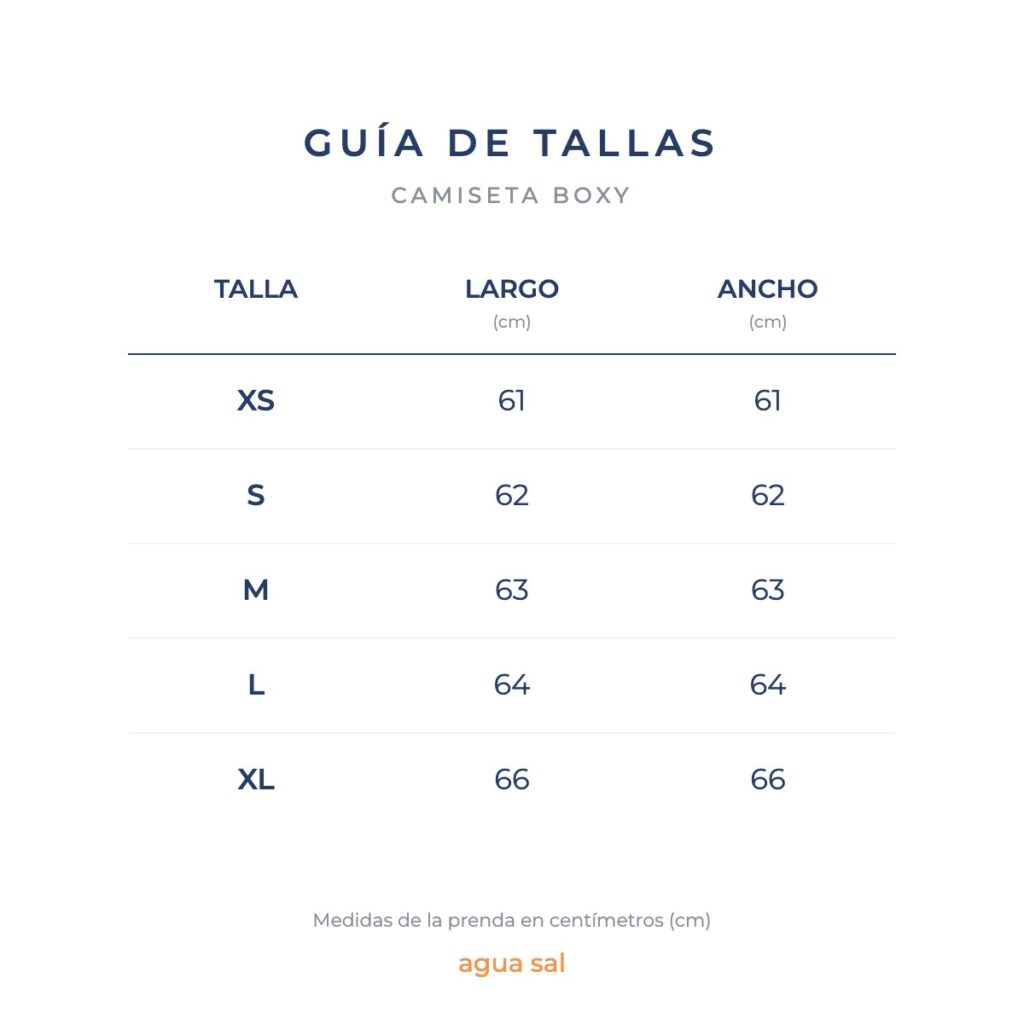 Guía de tallas en centímetros de camisetas boxy agua sal