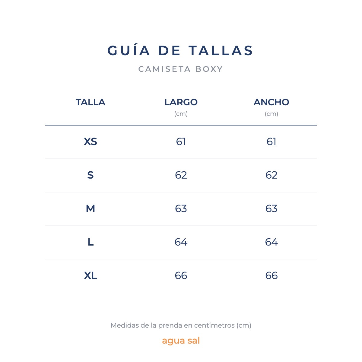 Guía de tallas en centímetros de camisetas boxy agua sal