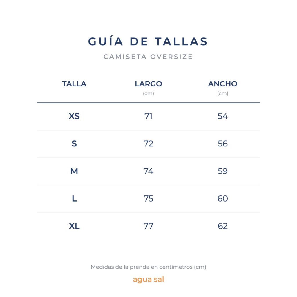 Guía de tallas en centímetros de camisetas oversize agua sal
