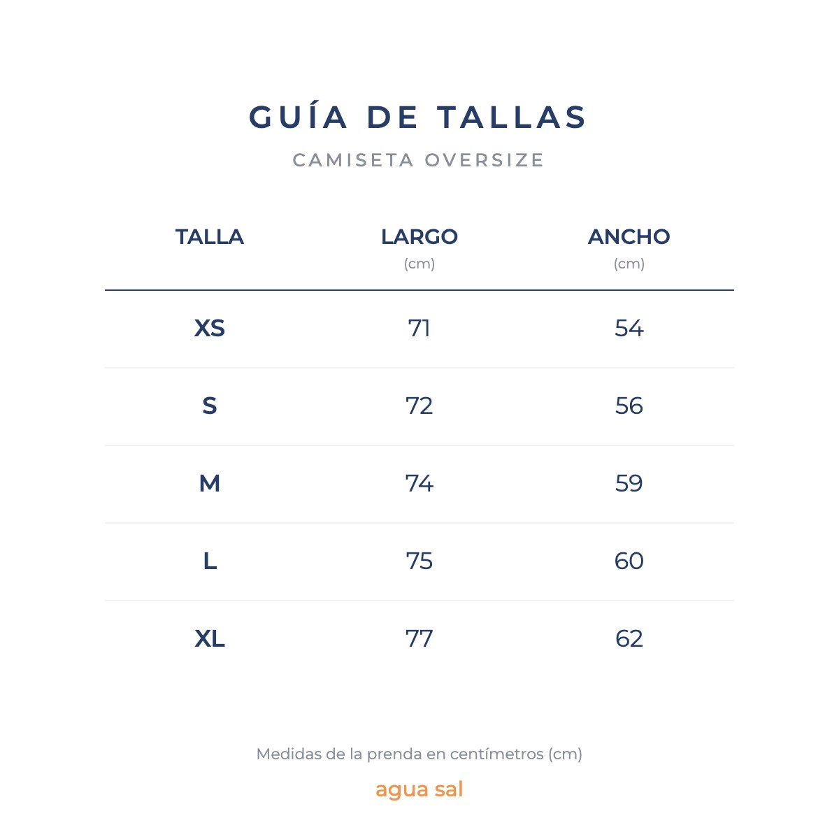 Guía de tallas en centímetros de camisetas oversize agua sal