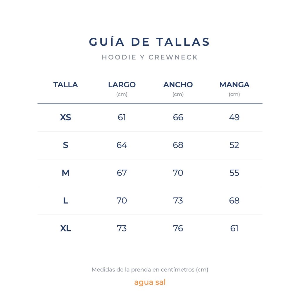 Guía de tallas en centímetros de hoodies y sacos crewneck agua sal
