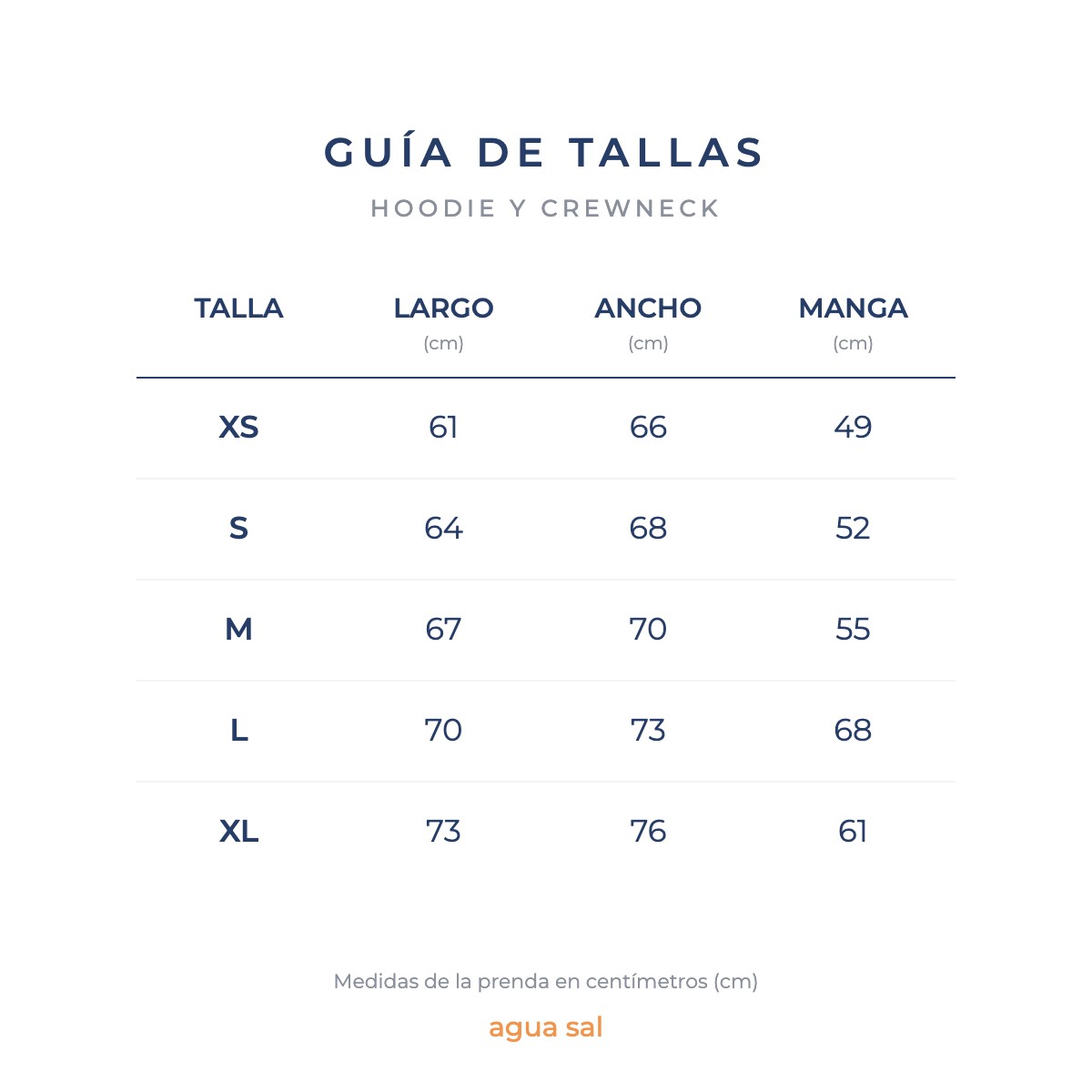 Guía de tallas en centímetros de hoodies y sacos crewneck agua sal